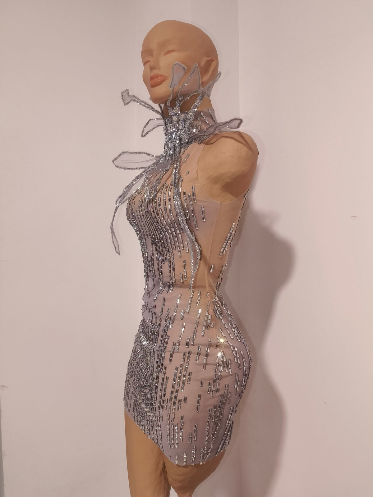 CELESINYI Mengya Crystal Wing Collar Mini Dress