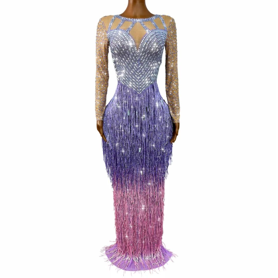 CELESINYI Piaoliu Crystal Lavender Fringe Gown