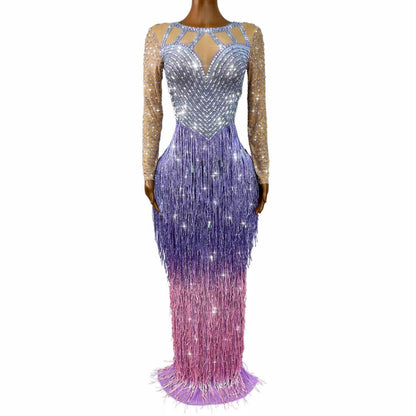 CELESINYI Piaoliu Crystal Lavender Fringe Gown