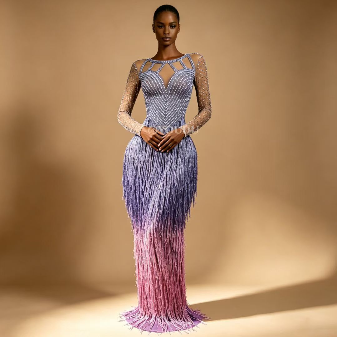 CELESINYI Piaoliu Crystal Lavender Fringe Gown