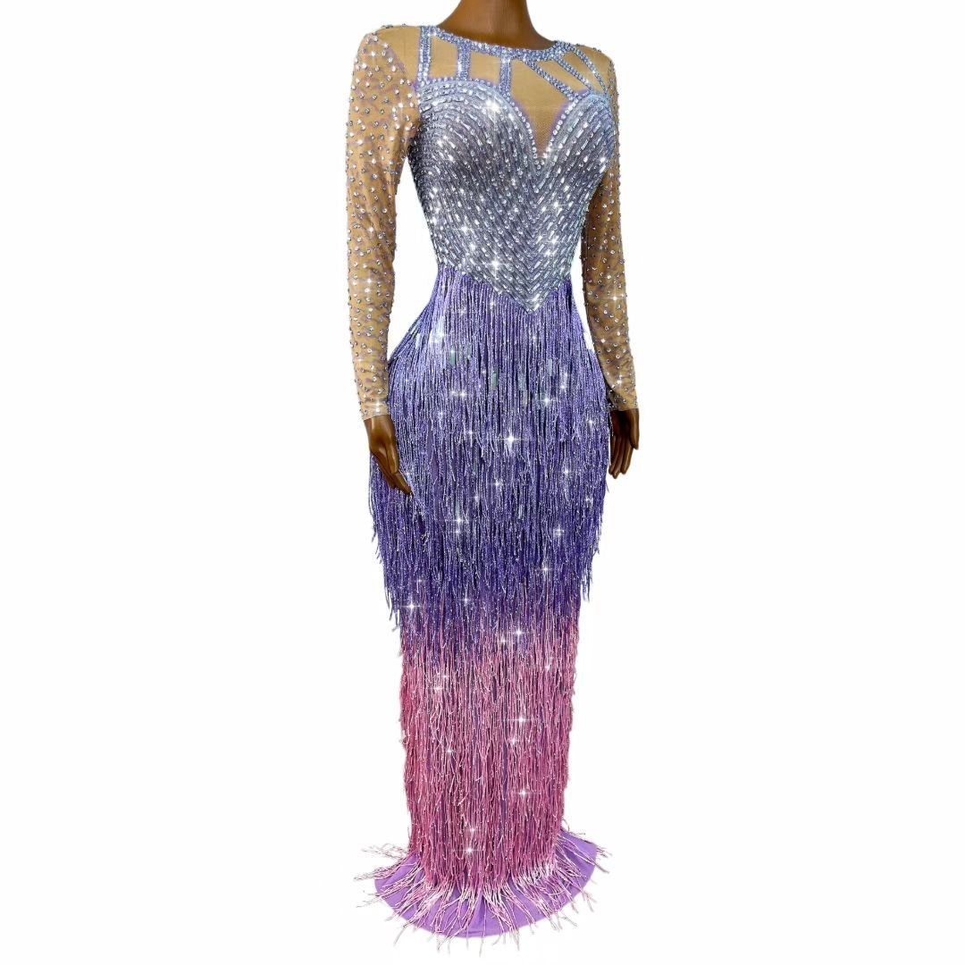 CELESINYI Piaoliu Crystal Lavender Fringe Gown