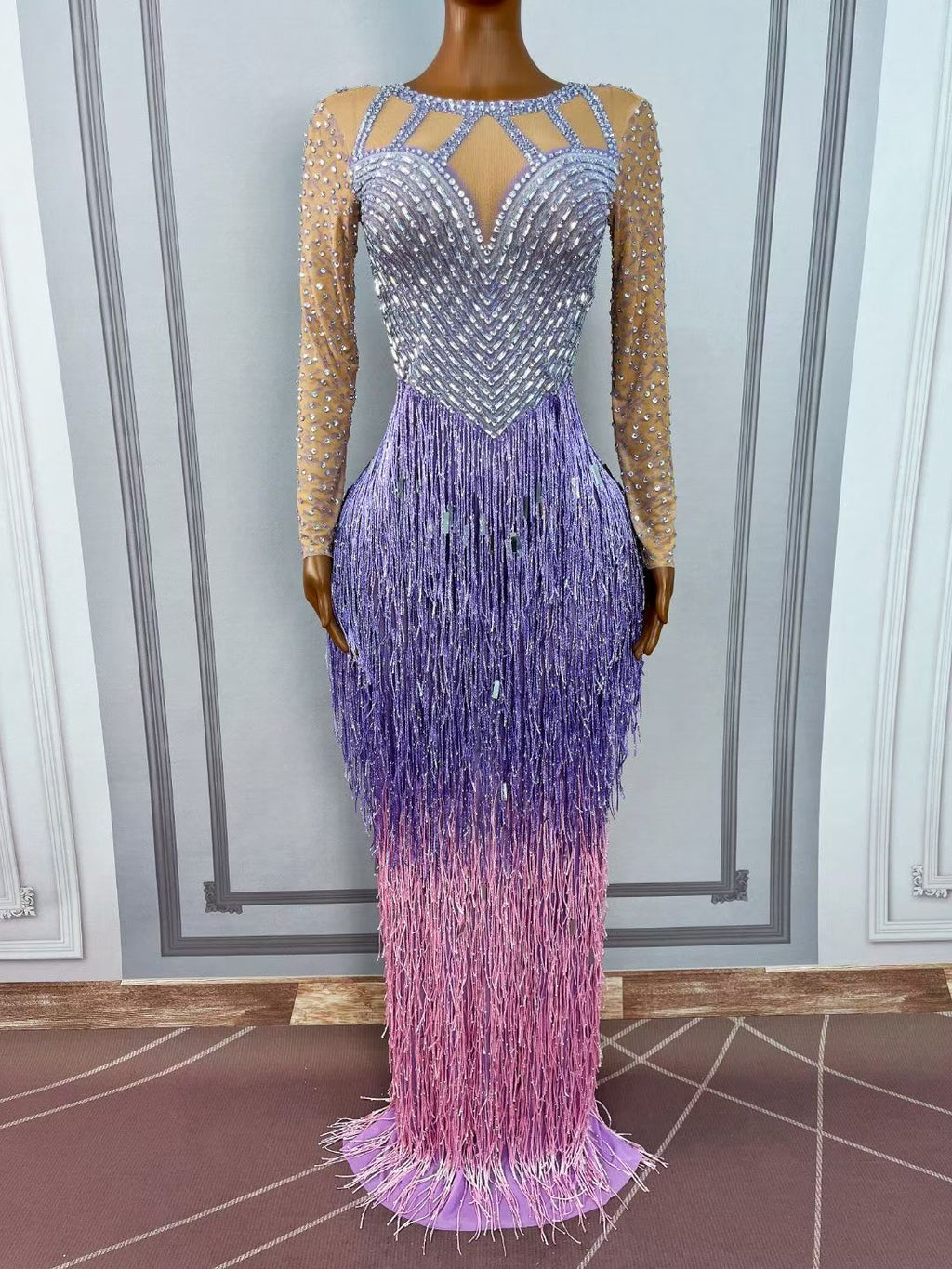 CELESINYI Piaoliu Crystal Lavender Fringe Gown