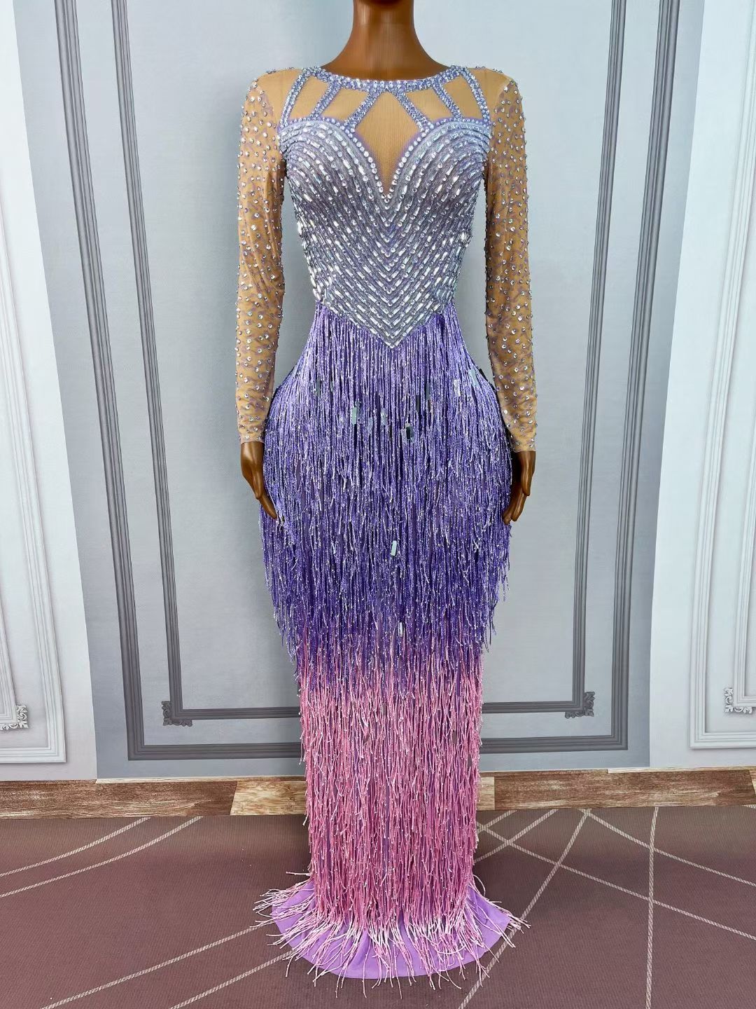 CELESINYI Piaoliu Crystal Lavender Fringe Gown