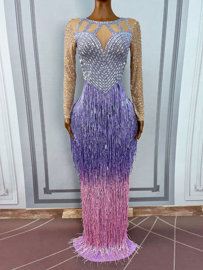 CELESINYI Piaoliu Crystal Lavender Fringe Gown