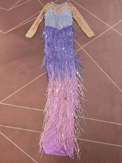 CELESINYI Piaoliu Crystal Lavender Fringe Gown