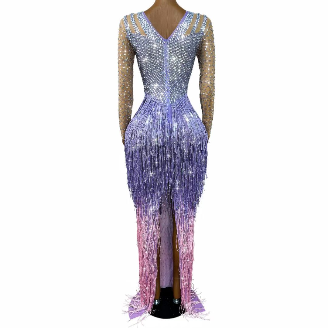 CELESINYI Piaoliu Crystal Lavender Fringe Gown