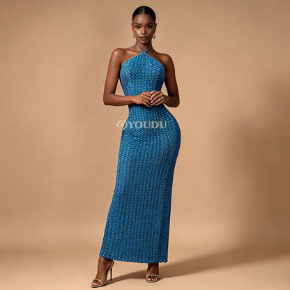 CELESINYI Xiaoxi Crystal Blue Herringbone Gown
