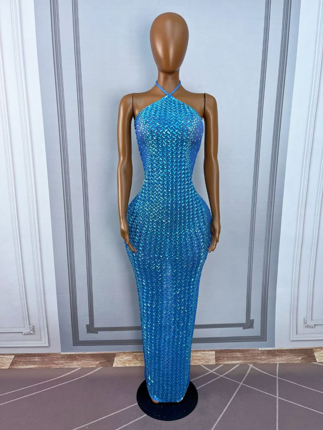 CELESINYI Xiaoxi Crystal Blue Herringbone Gown