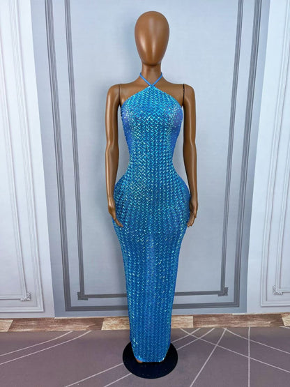CELESINYI Xiaoxi Crystal Blue Herringbone Gown