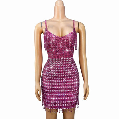 CELESINYI Fenhuopo Crystal Fuchsia Fringe Mini Dress