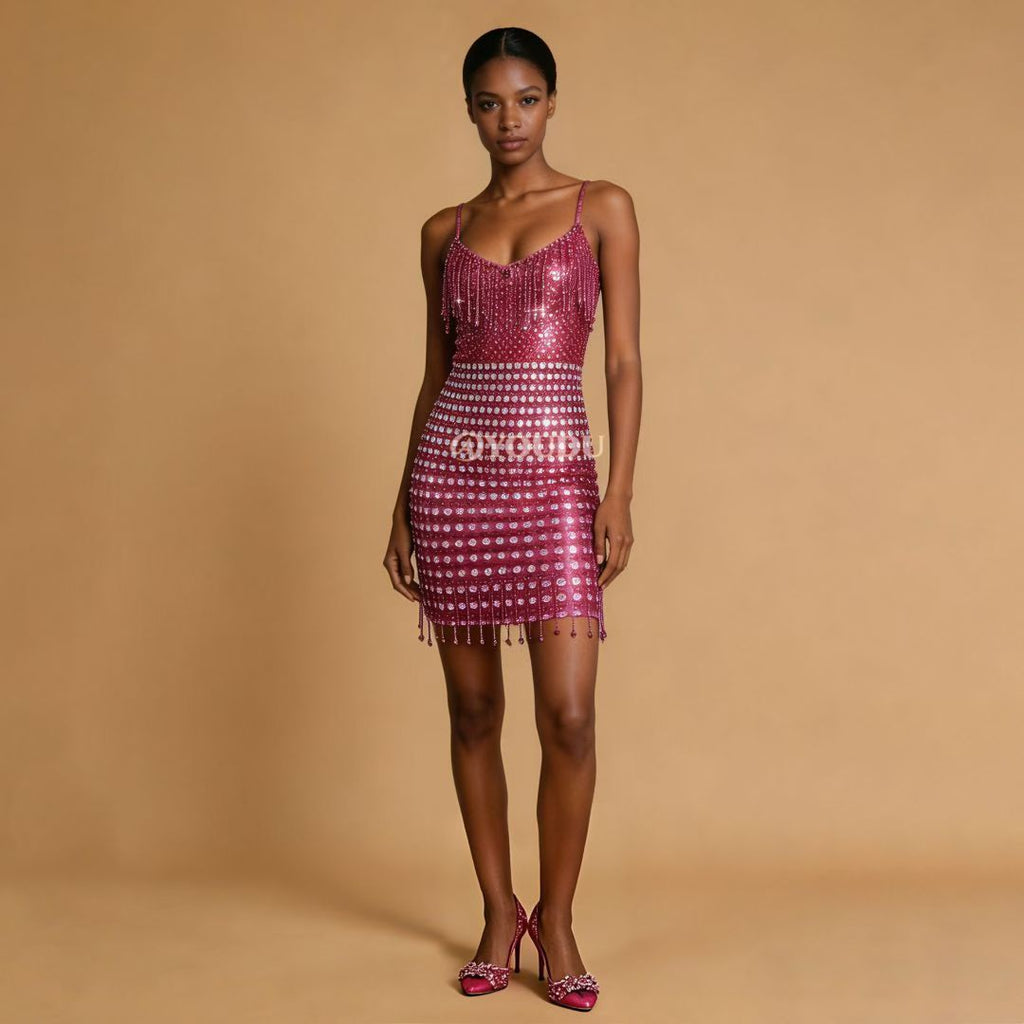CELESINYI Fenhuopo Crystal Fuchsia Fringe Mini Dress