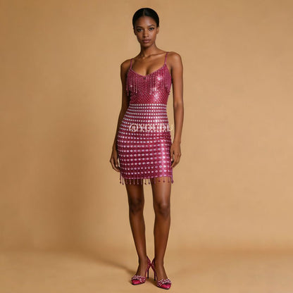 CELESINYI Fenhuopo Crystal Fuchsia Fringe Mini Dress