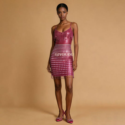 CELESINYI Fenhuopo Crystal Fuchsia Fringe Mini Dress