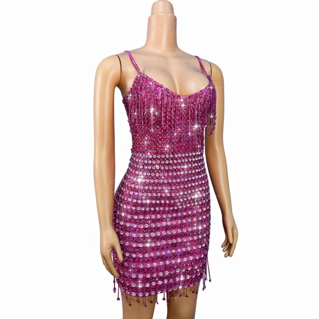 CELESINYI Fenhuopo Crystal Fuchsia Fringe Mini Dress