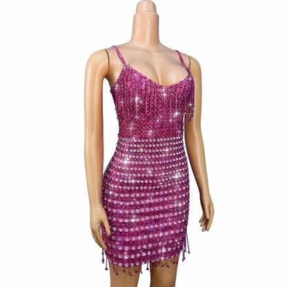 CELESINYI Fenhuopo Crystal Fuchsia Fringe Mini Dress