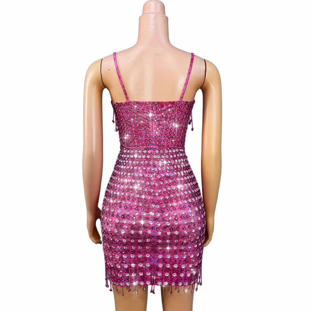 CELESINYI Fenhuopo Crystal Fuchsia Fringe Mini Dress