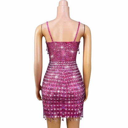 CELESINYI Fenhuopo Crystal Fuchsia Fringe Mini Dress