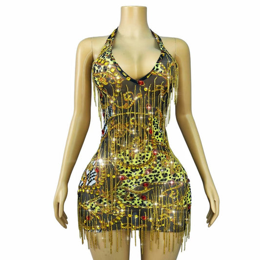 CELESINYI Dajinlian Crystal Leopard Gold Chain Dress