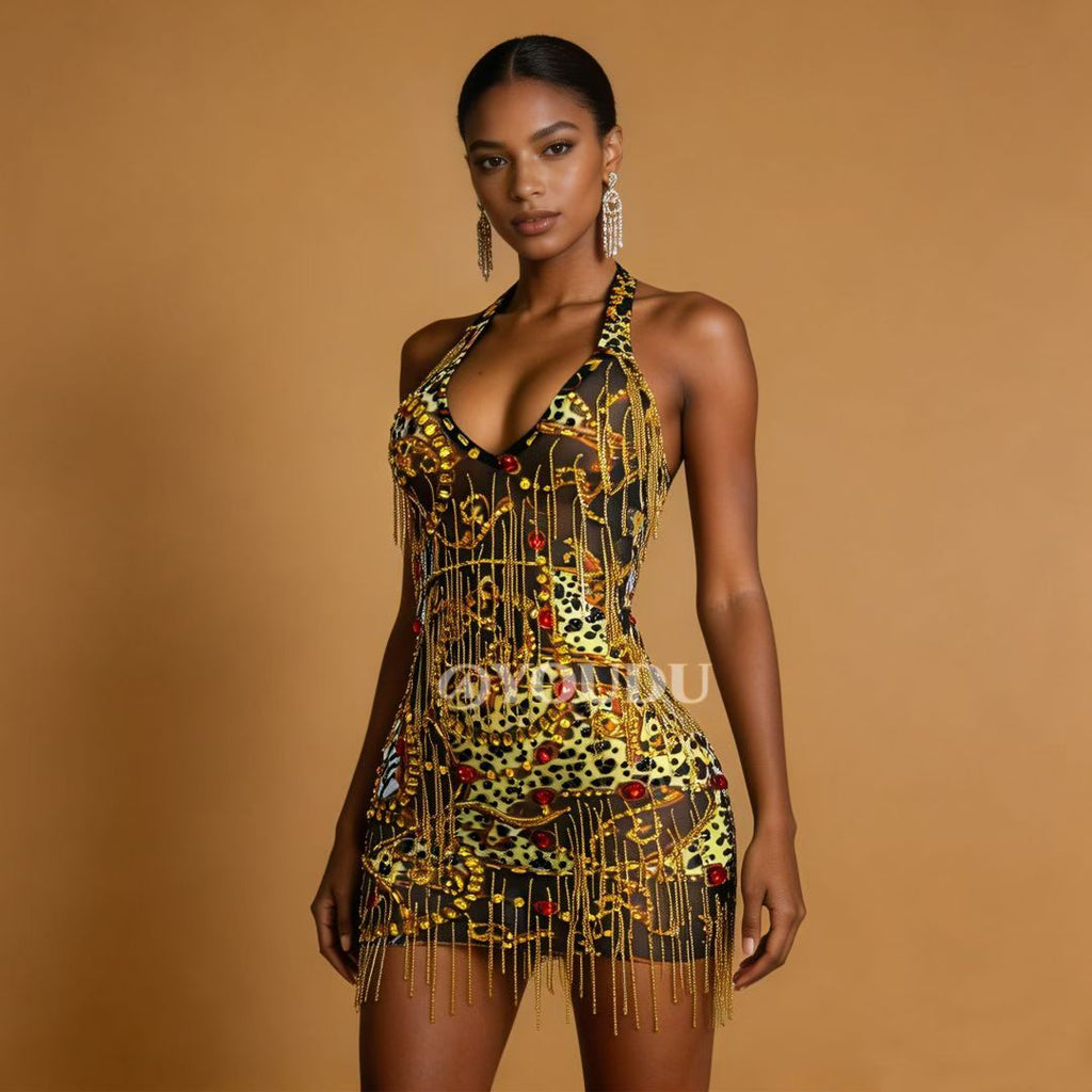 CELESINYI Dajinlian Crystal Leopard Gold Chain Dress