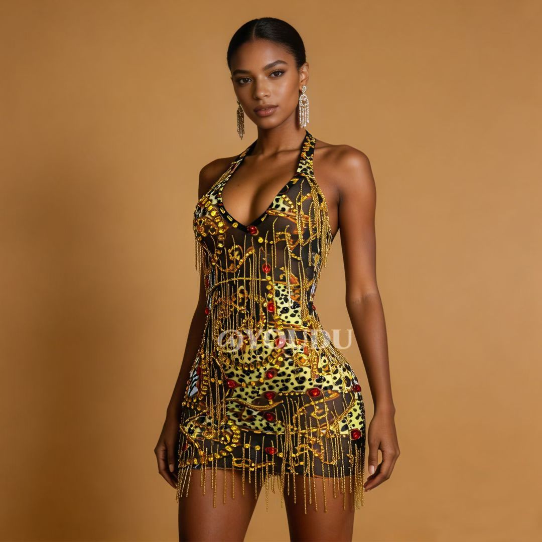 CELESINYI Dajinlian Crystal Leopard Gold Chain Dress