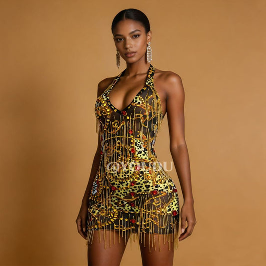 CELESINYI Dajinlian Crystal Leopard Gold Chain Dress
