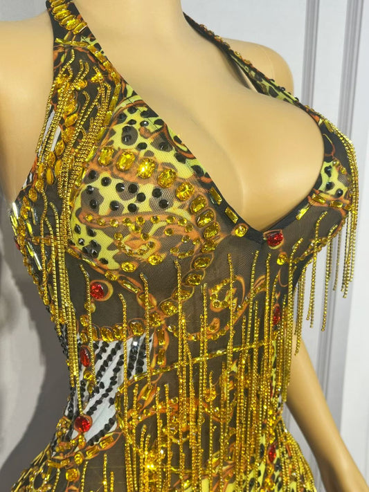 CELESINYI Dajinlian Crystal Leopard Gold Chain Dress