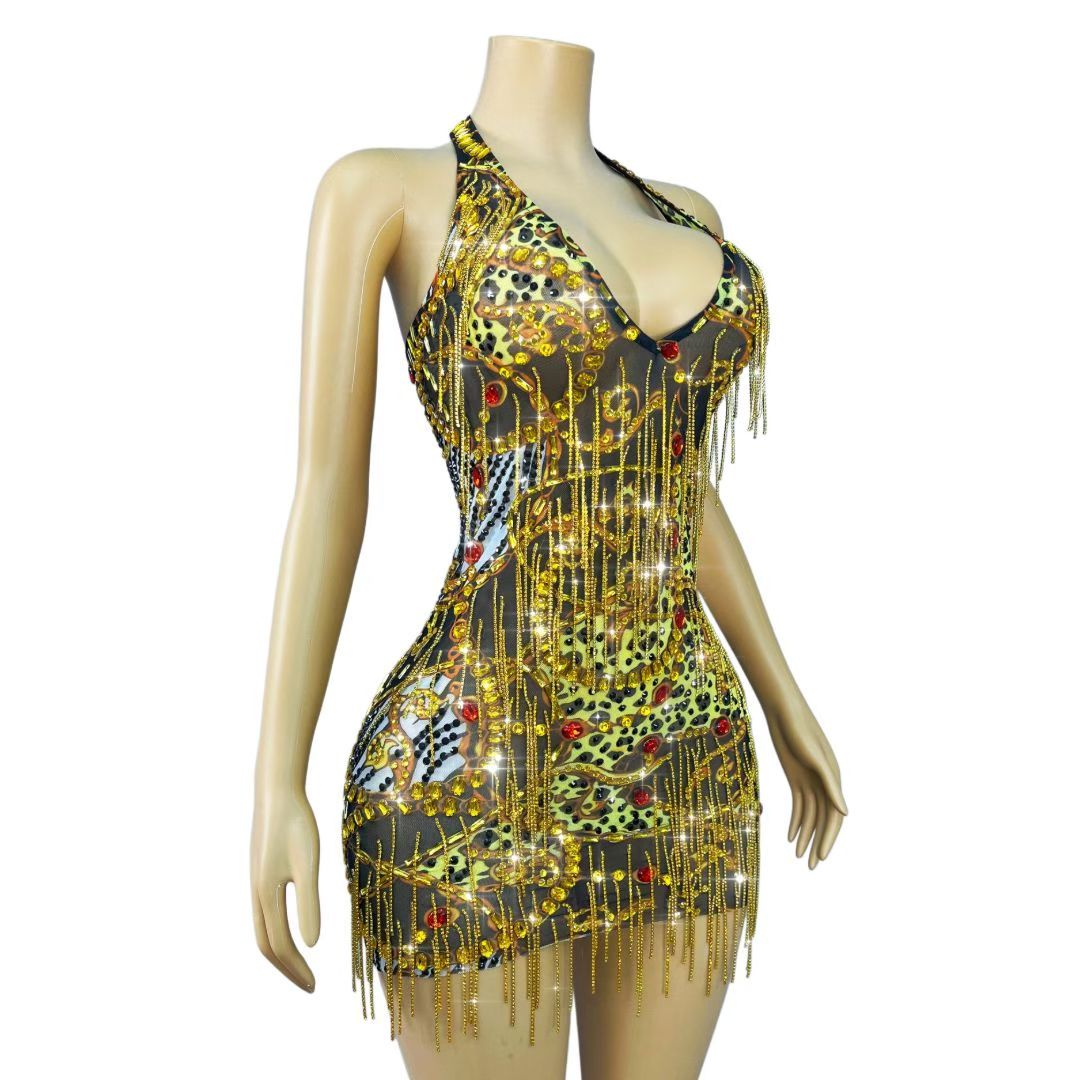 CELESINYI Dajinlian Crystal Leopard Gold Chain Dress