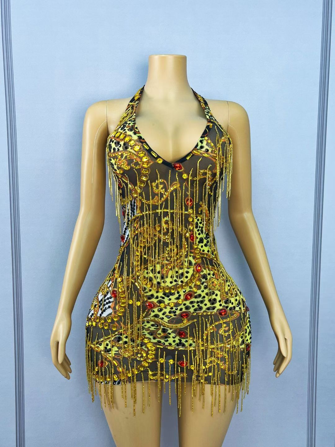 CELESINYI Dajinlian Crystal Leopard Gold Chain Dress