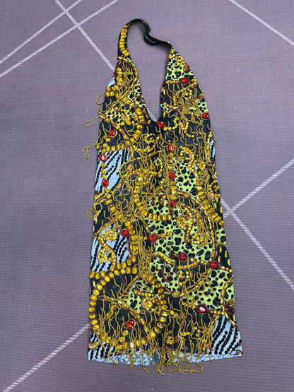 CELESINYI Dajinlian Crystal Leopard Gold Chain Dress