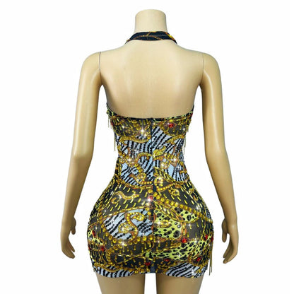 CELESINYI Dajinlian Crystal Leopard Gold Chain Dress