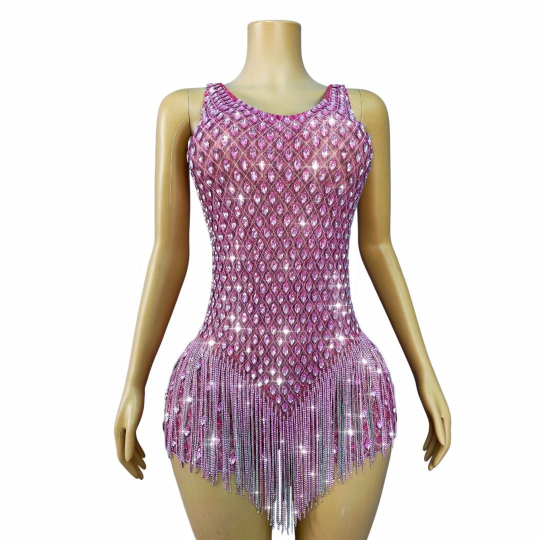 CELESINYI Taohuayan Crystal Pink Fringe Bodysuit