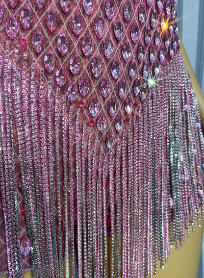 CELESINYI Taohuayan Crystal Pink Fringe Bodysuit