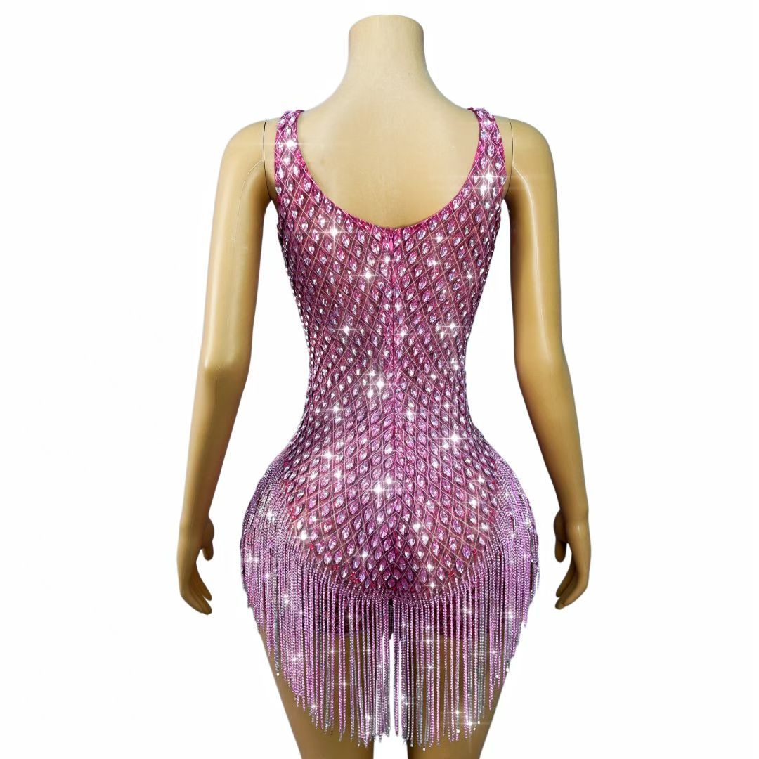 CELESINYI Taohuayan Crystal Pink Fringe Bodysuit