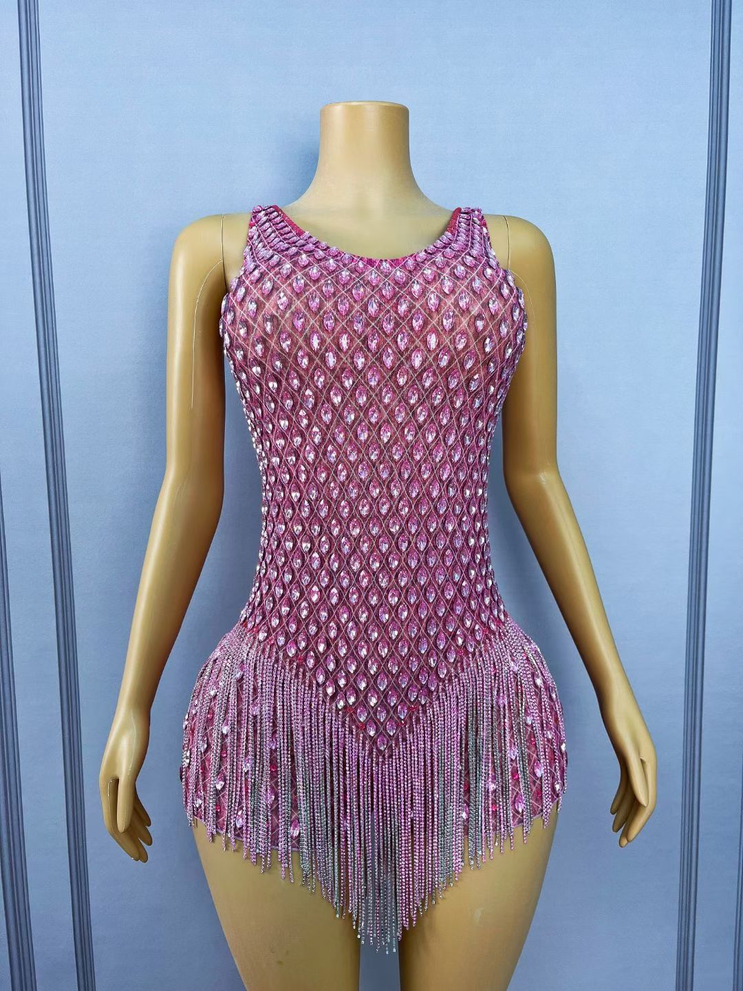 CELESINYI Taohuayan Crystal Pink Fringe Bodysuit