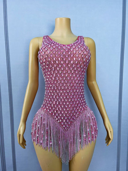 CELESINYI Taohuayan Crystal Pink Fringe Bodysuit