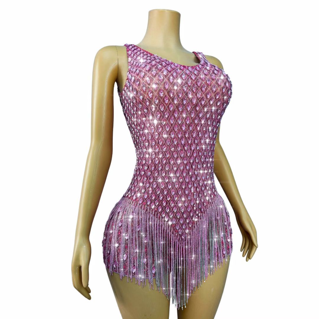 CELESINYI Taohuayan Crystal Pink Fringe Bodysuit