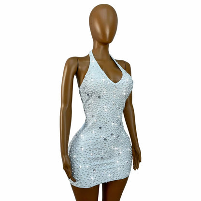 CELESINYI Baisizhu Crystal Pearl Halter Mini Dress