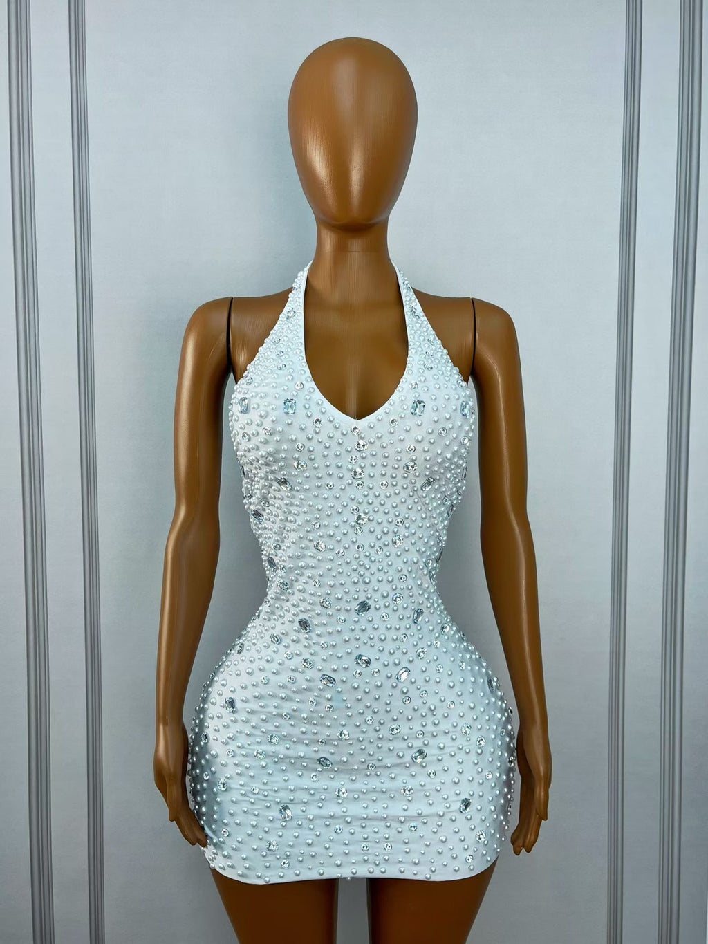 CELESINYI Baisizhu Crystal Pearl Halter Mini Dress