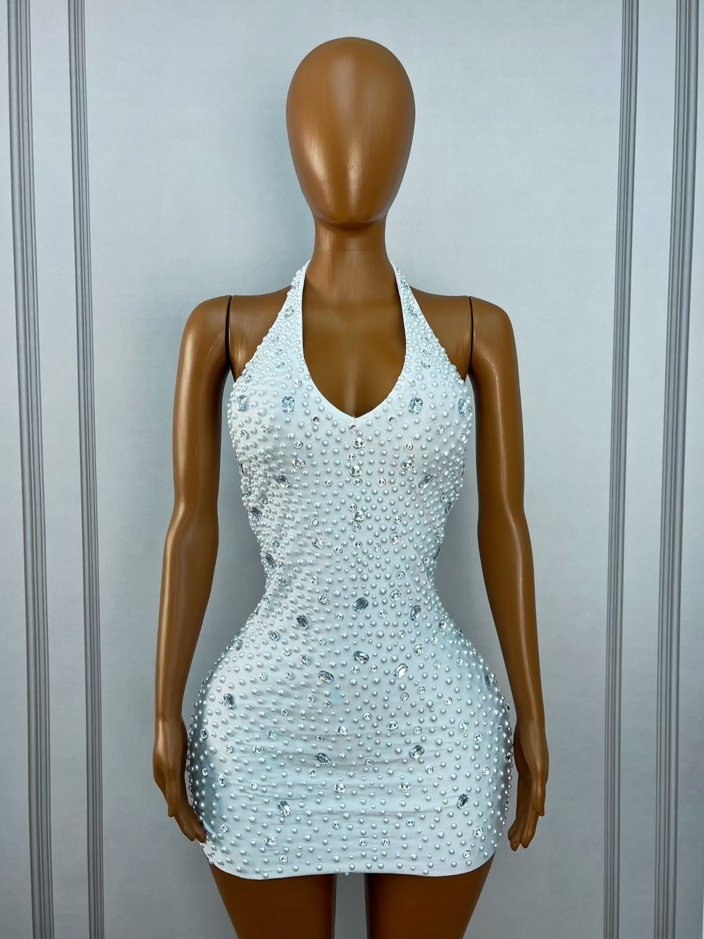 CELESINYI Baisizhu Crystal Pearl Halter Mini Dress