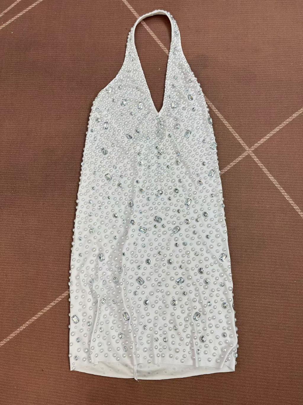 CELESINYI Baisizhu Crystal Pearl Halter Mini Dress