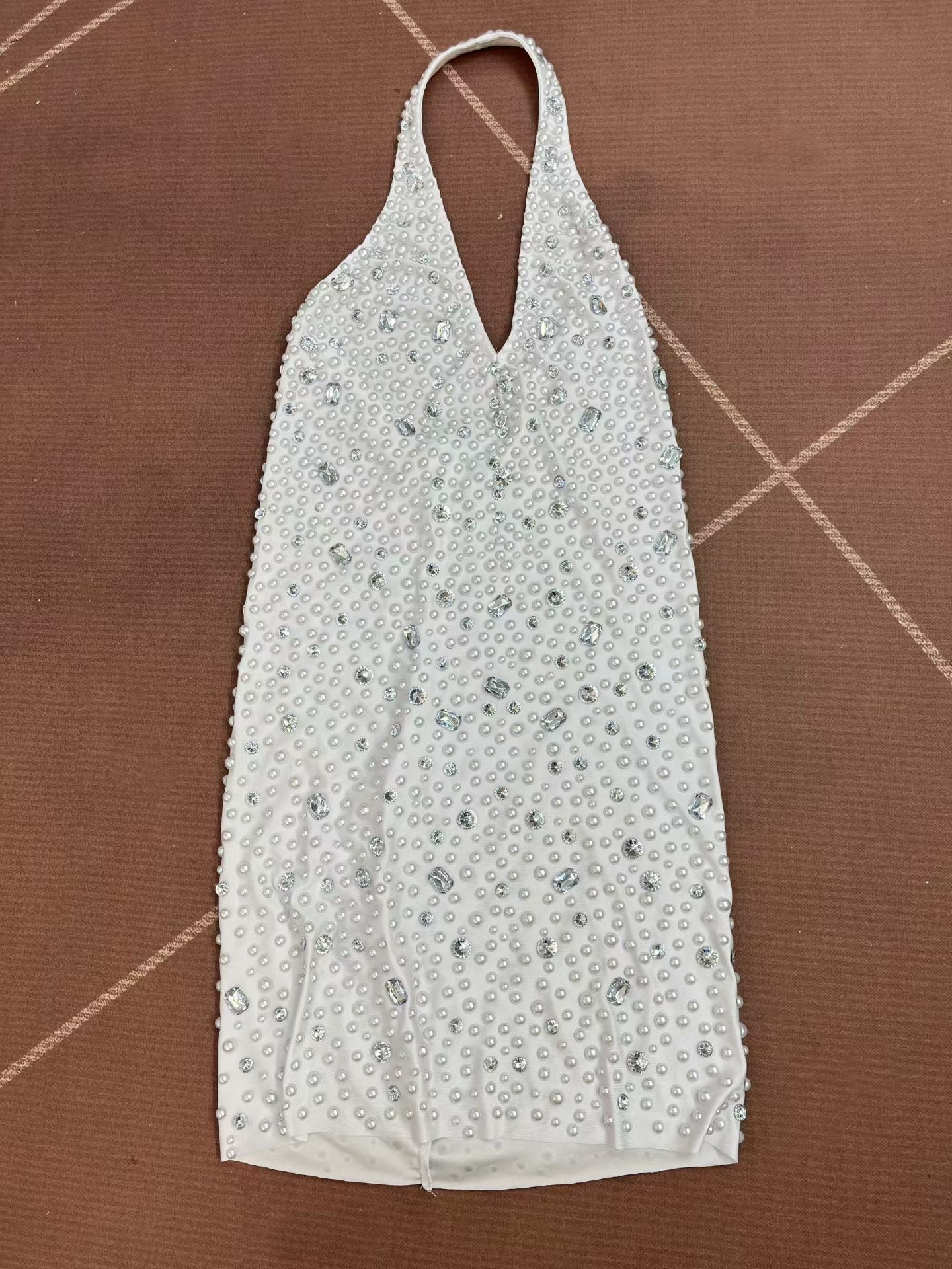 CELESINYI Baisizhu Crystal Pearl Halter Mini Dress