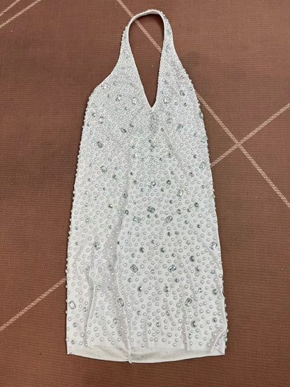 CELESINYI Baisizhu Crystal Pearl Halter Mini Dress