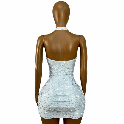 CELESINYI Baisizhu Crystal Pearl Halter Mini Dress