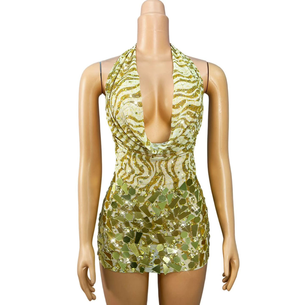 CELESINYI Jinsui Crystal Gold Open Back Mini Dress