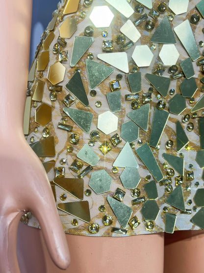 CELESINYI Jinsui Crystal Gold Open Back Mini Dress