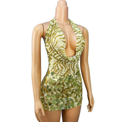 CELESINYI Jinsui Crystal Gold Open Back Mini Dress