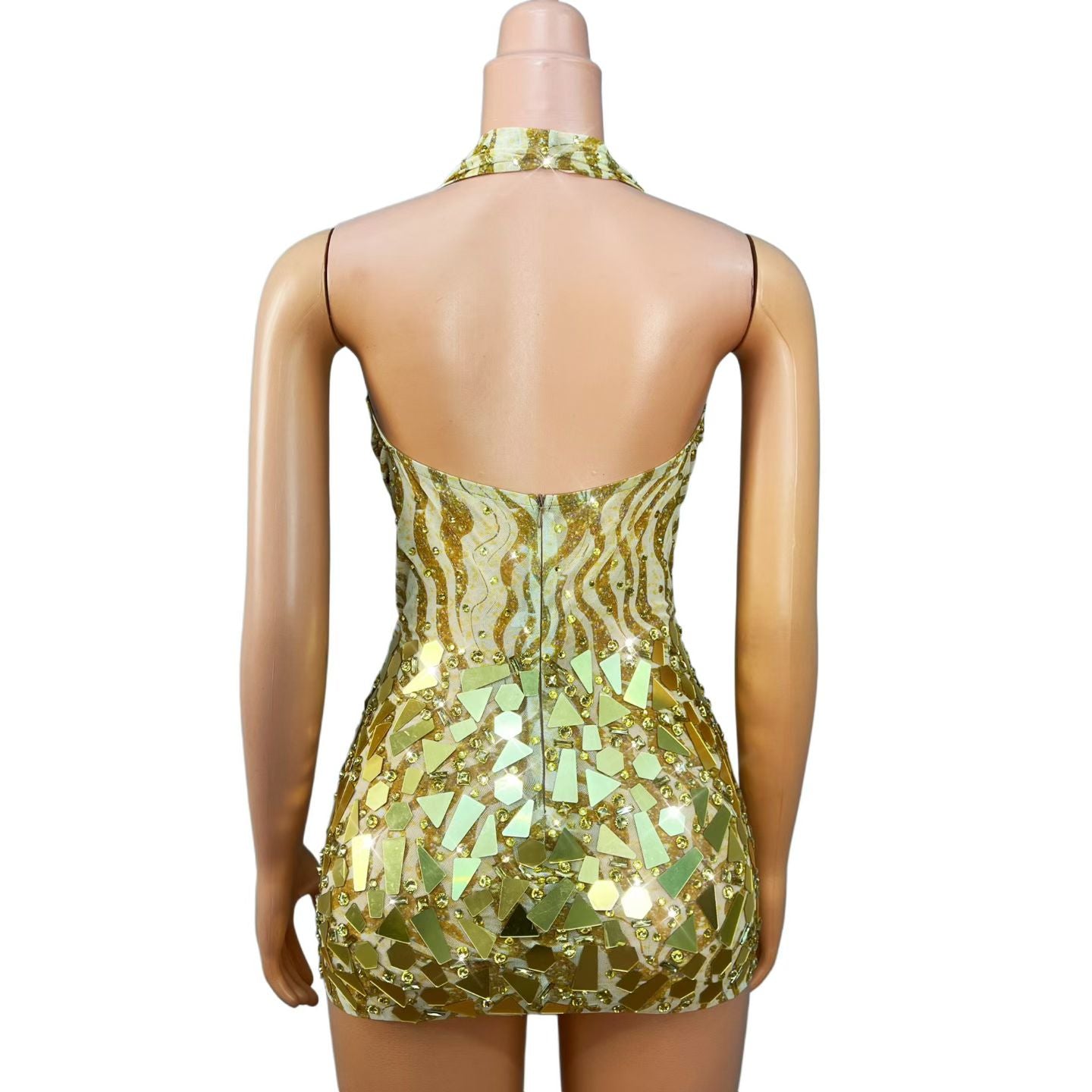 CELESINYI Jinsui Crystal Gold Open Back Mini Dress
