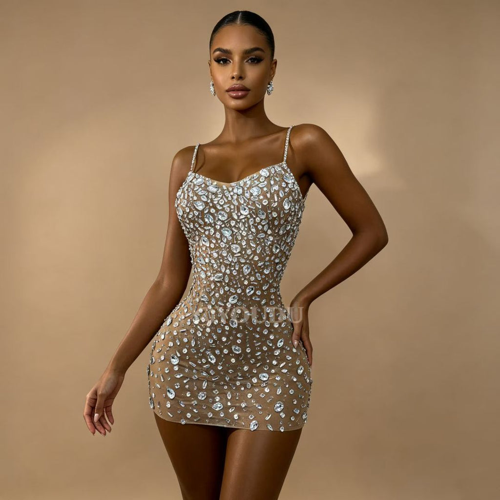 CELESINYI Xingshanshan Crystal Sparkle Mini Dress (Nude)