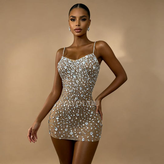 CELESINYI Xingshanshan Crystal Sparkle Mini Dress (Nude)