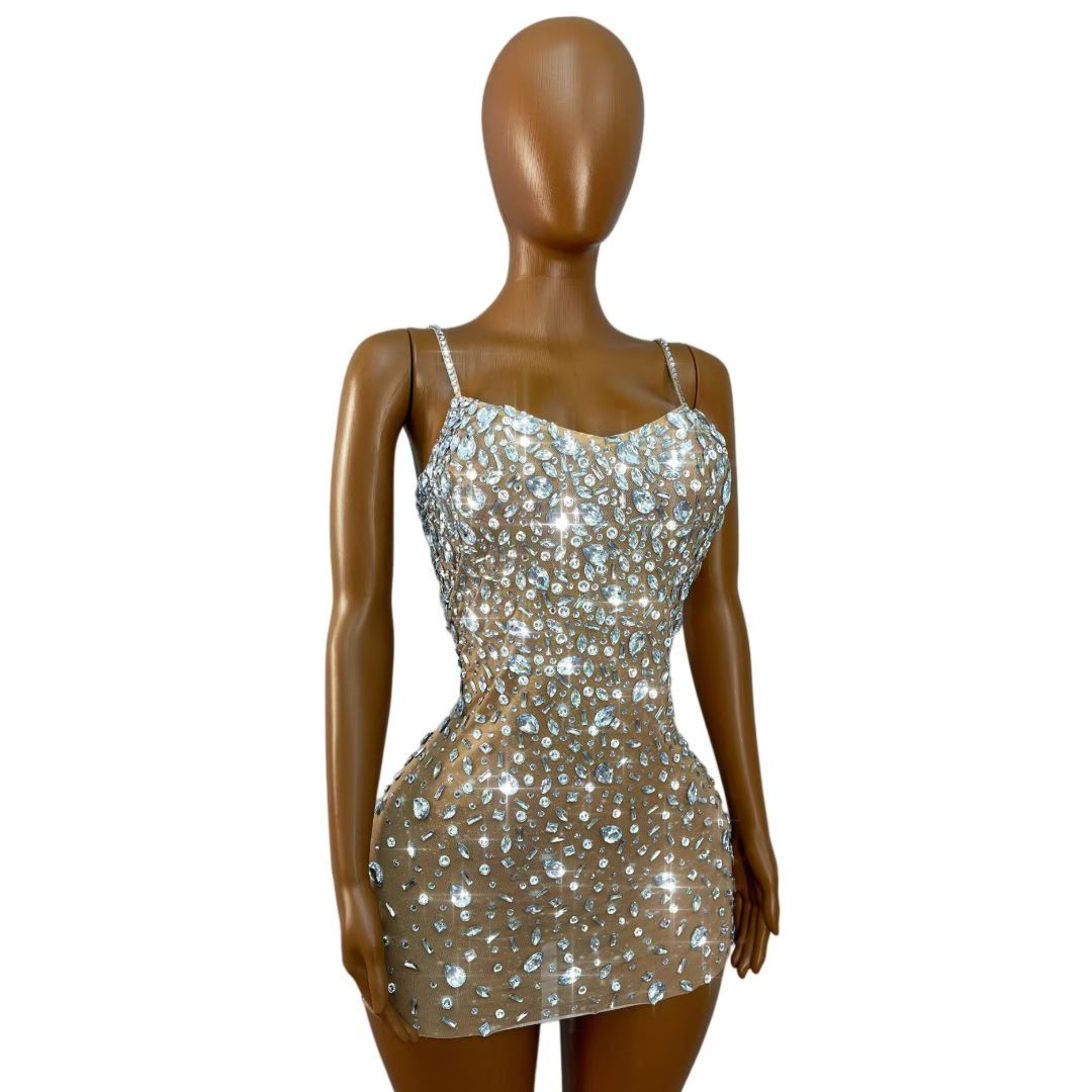 CELESINYI Xingshanshan Crystal Sparkle Mini Dress (Nude)